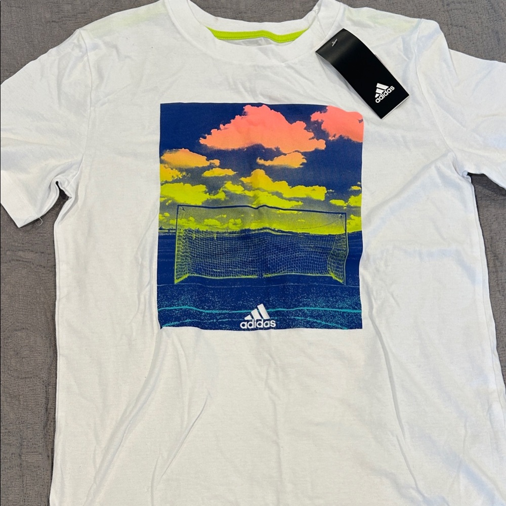adidas White Tee with Neon Sky and Soccer Goal Graphic